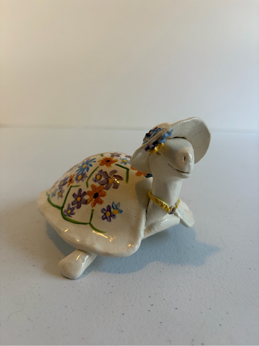 Vintage Handmade Ceramic Turtle Figurine Floral Artisan Folk Art Cottagecore